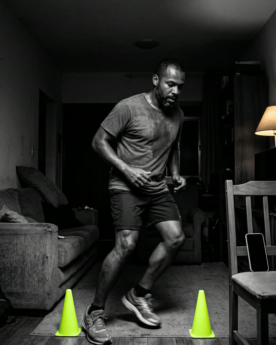 Homem treinando entre dois cones na sala de casa, à noite